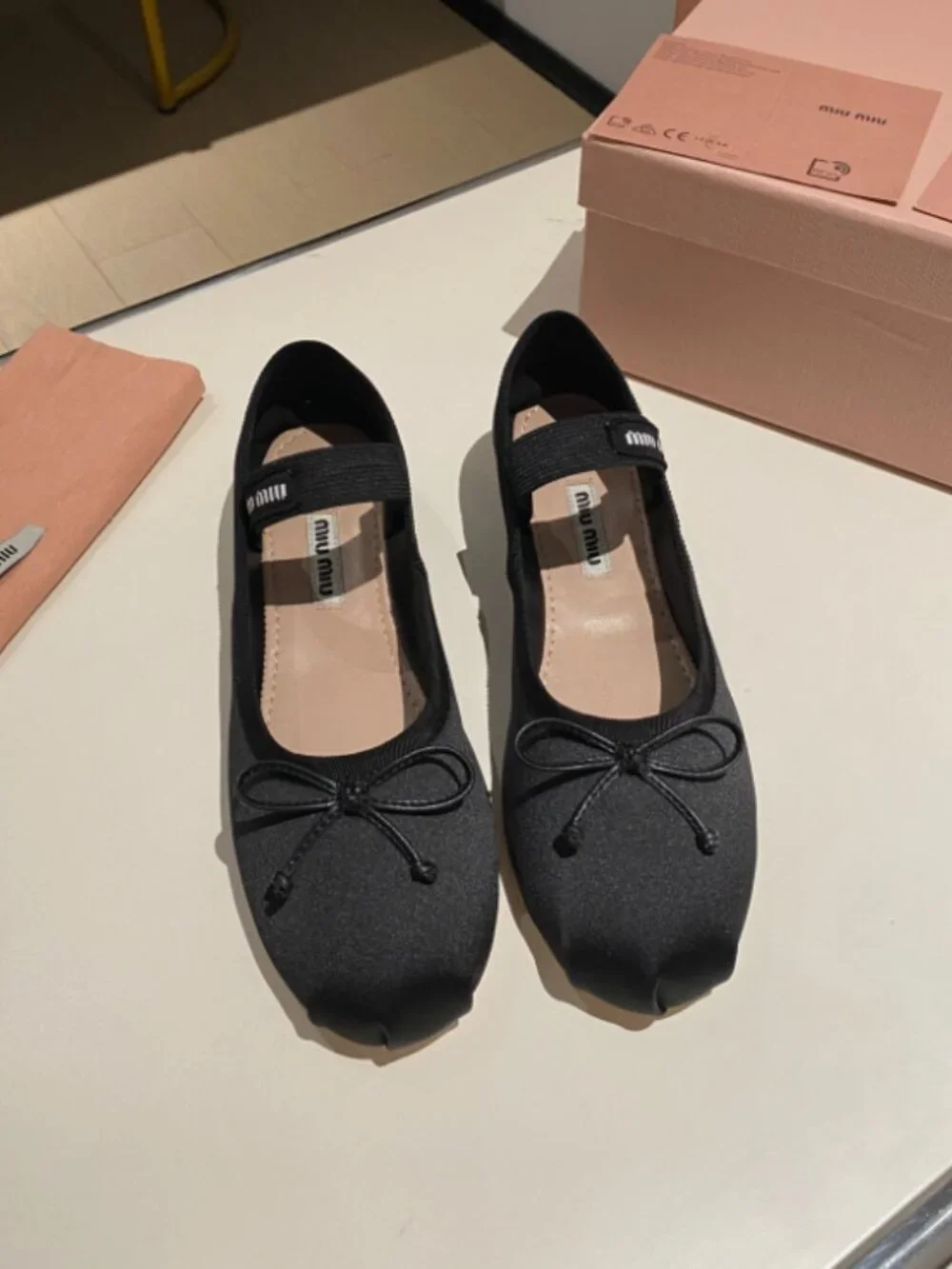 Miu Miu Black Flats Black Elastic Strap and Bow